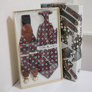 Vintage DARK HORSE Men's Neck Tie Suspender Hankerchief Gift Set Diamond Pattern